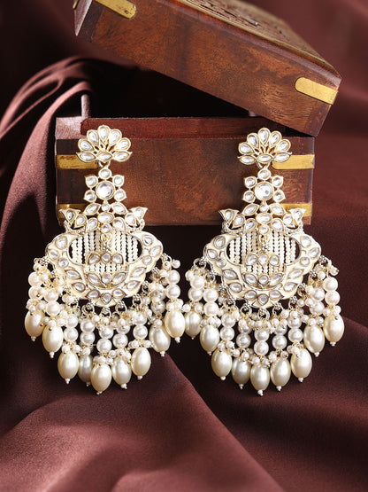 Blooming Floral Elegance Gold Plated Kundan Pearl Style Chandbali Earrings