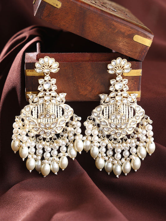 Blooming Floral Elegance Gold Plated Kundan Pearl Style Chandbali Earrings