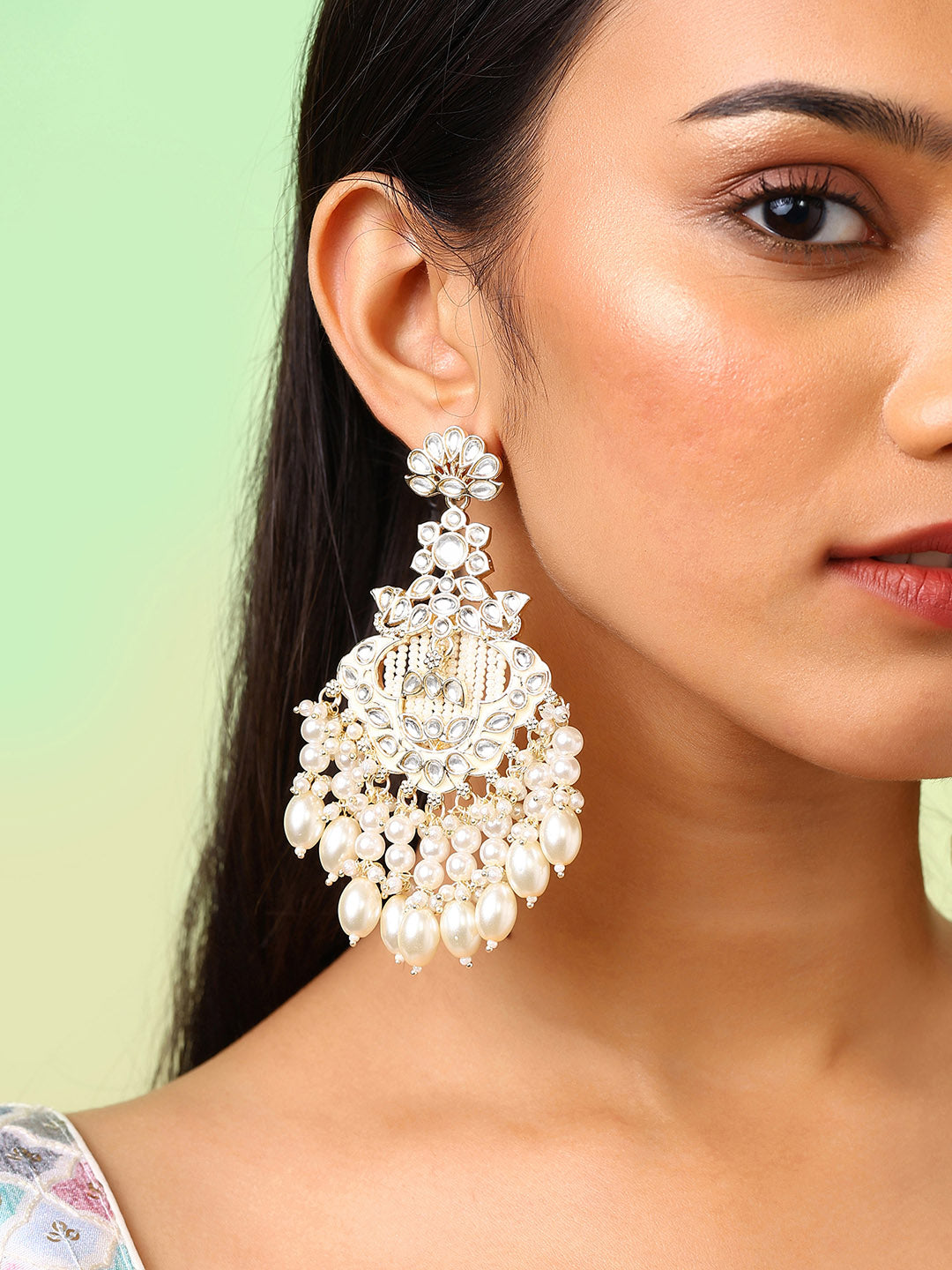 Blooming Floral Elegance Gold Plated Kundan Pearl Style Chandbali Earrings