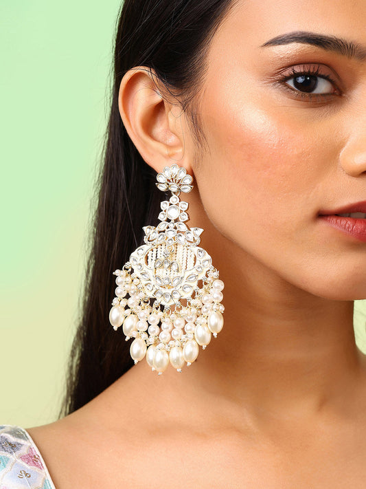 Blooming Floral Elegance Gold Plated Kundan Pearl Style Chandbali Earrings