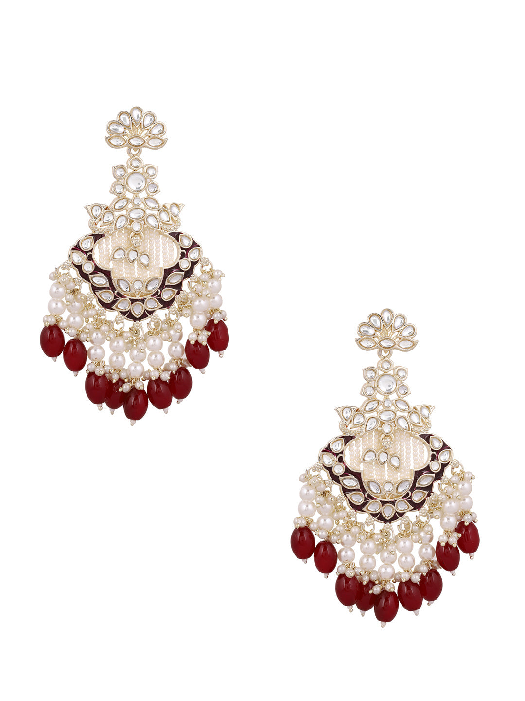 Maroon Beads Kundan Pearl Gold Plated Floral Pattern Drop Earrings