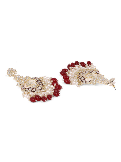 Maroon Beads Kundan Pearl Gold Plated Floral Pattern Drop Earrings