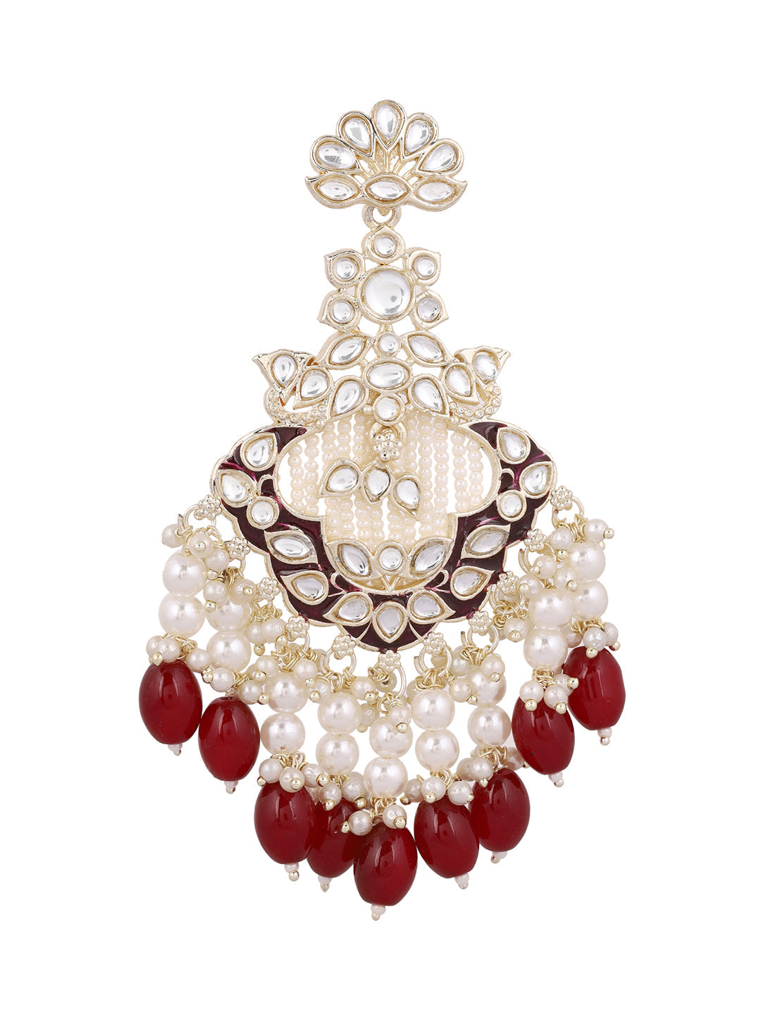 Maroon Beads Kundan Pearl Gold Plated Floral Pattern Drop Earrings