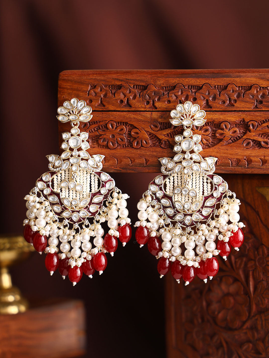 Maroon Beads Kundan Pearl Gold Plated Floral Pattern Drop Earrings