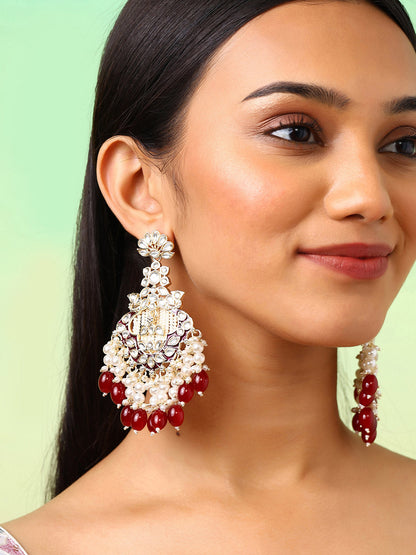 Maroon Beads Kundan Pearl Gold Plated Floral Pattern Drop Earrings