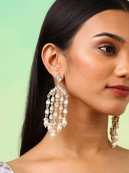 Kundan Pearl Combo Gold Plated Tassels Style Drop Earrings