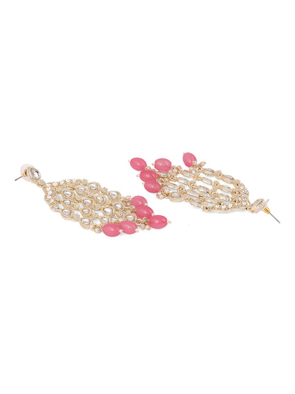 Statement Elegance Kundan Gold Plated Pink Beads Fancy Drop Earrings