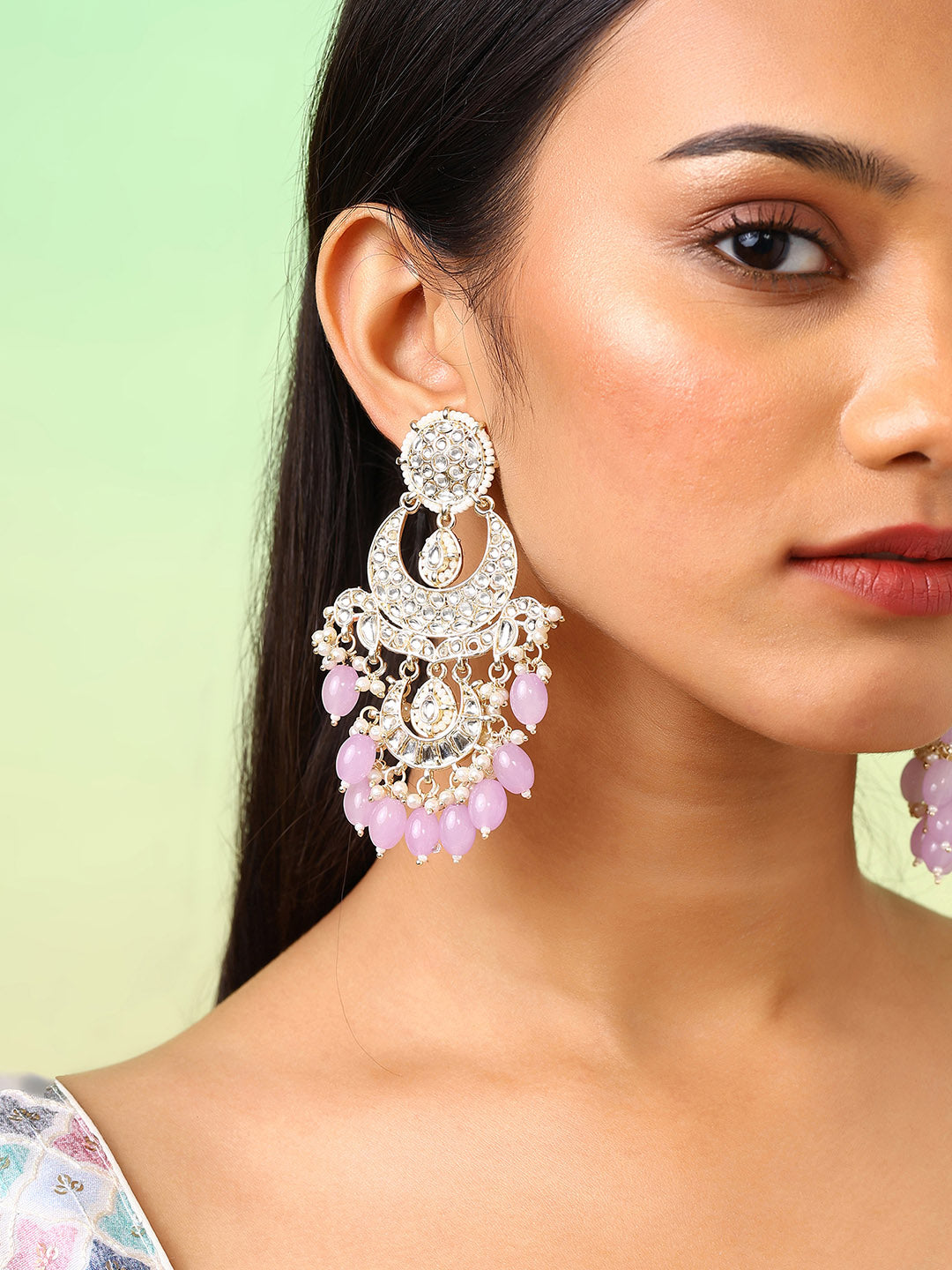 Lavender Beads Chandbali Style Pearl Kundan Gold Plated Fancy Earrings