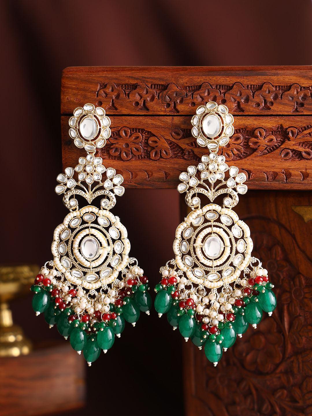 Floral Green Beads Kundan Pearl Pattern Gold Plated Drop Earrings