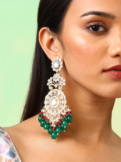 Floral Green Beads Kundan Pearl Pattern Gold Plated Drop Earrings