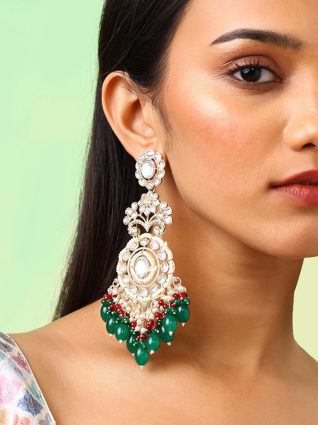Floral Green Beads Kundan Pearl Pattern Gold Plated Drop Earrings
