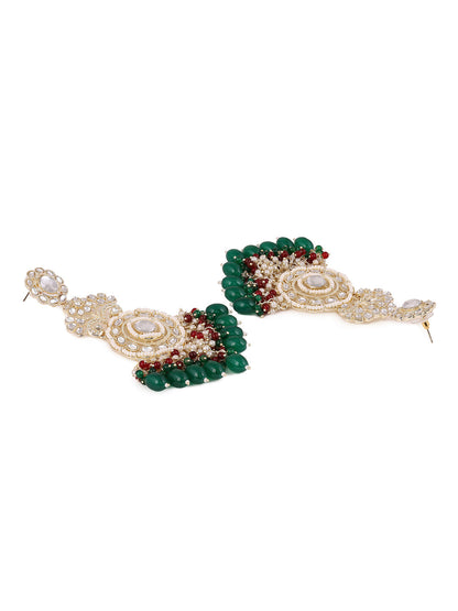 Floral Green Beads Kundan Pearl Pattern Gold Plated Drop Earrings