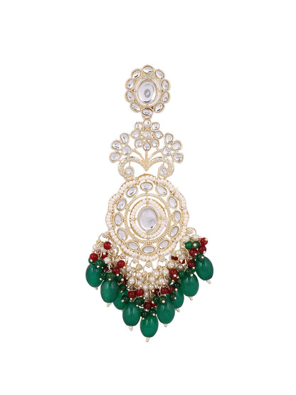 Floral Green Beads Kundan Pearl Pattern Gold Plated Drop Earrings