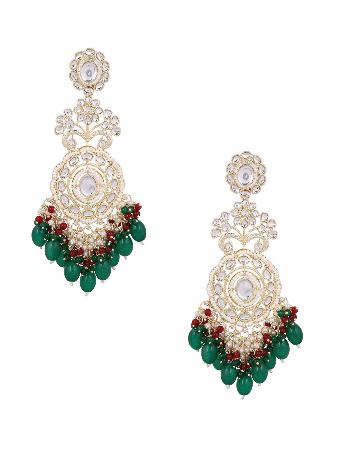 Floral Green Beads Kundan Pearl Pattern Gold Plated Drop Earrings
