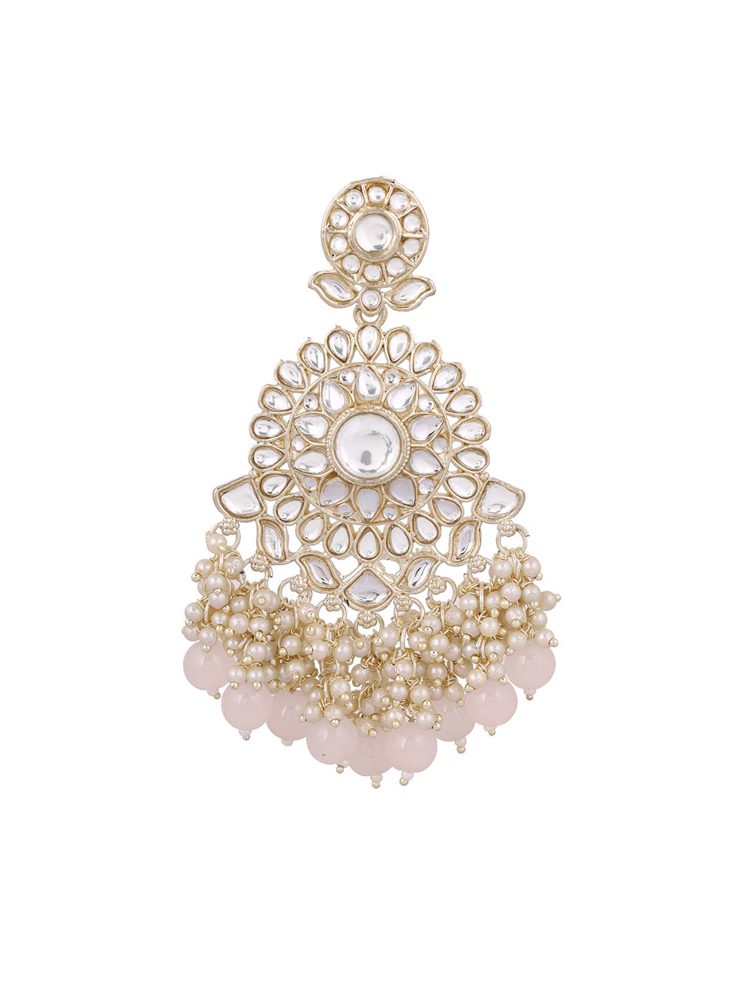Floral Pattern Kundan Pearl Pink Beads Gold Plated Drop Earrings
