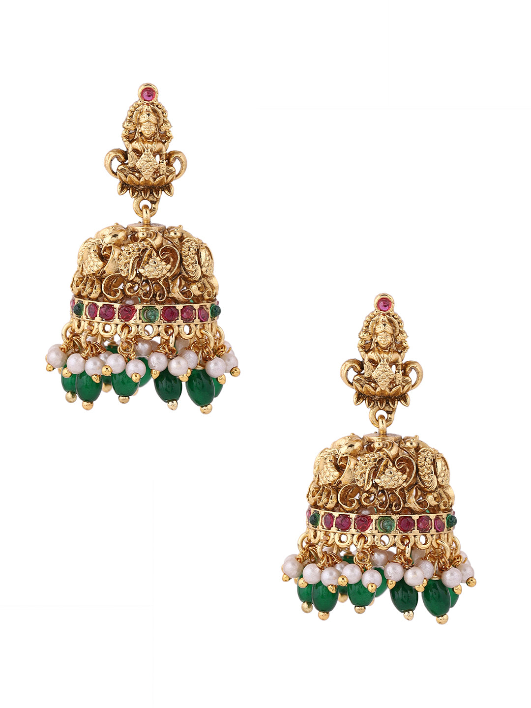 Finest Matte Elegance Goddess Design Gold Plated Jhumkis Earrings