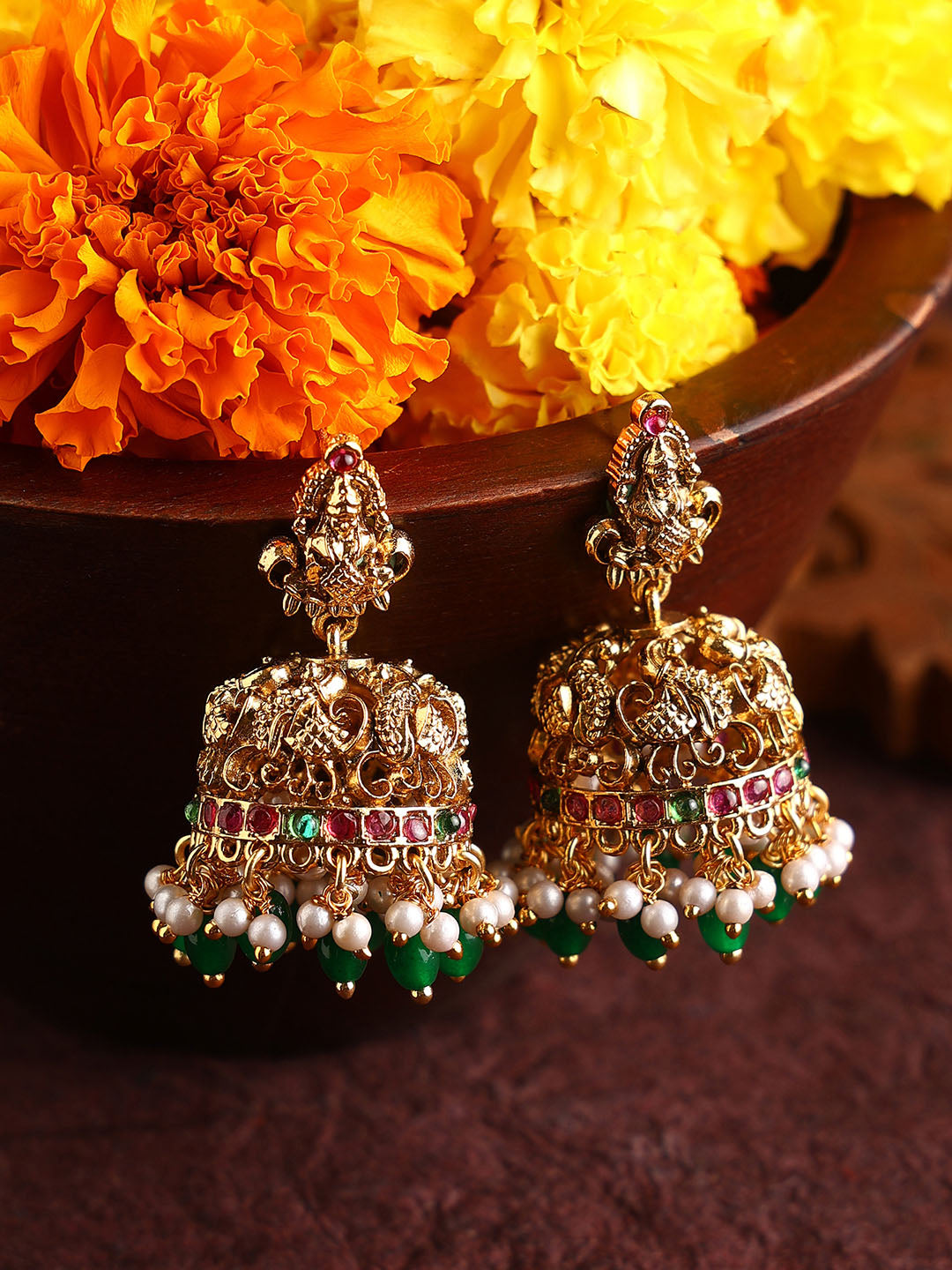 Finest Matte Elegance Goddess Design Gold Plated Jhumkis Earrings