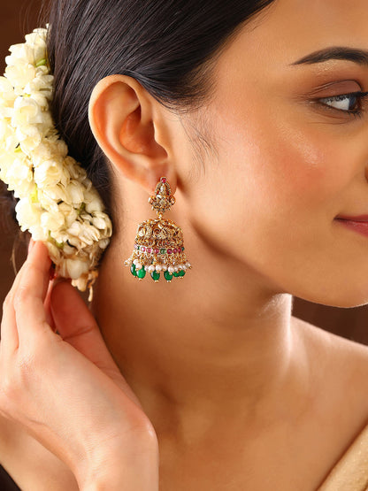 Finest Matte Elegance Goddess Design Gold Plated Jhumkis Earrings