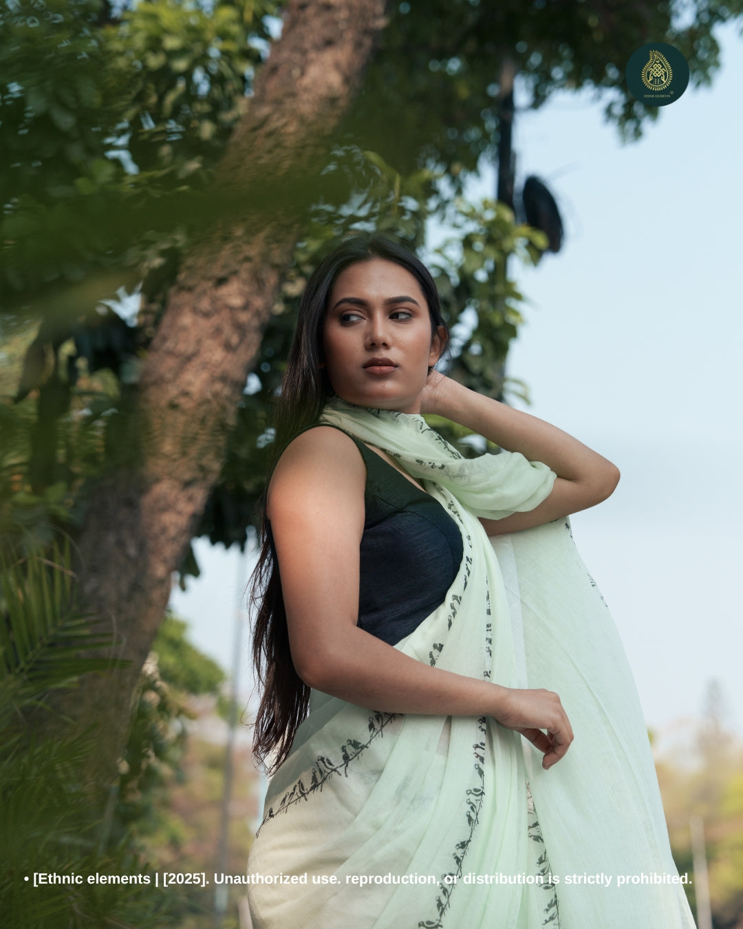 Hand Block Printed Mul Cotton Saree - Mint Chidiya