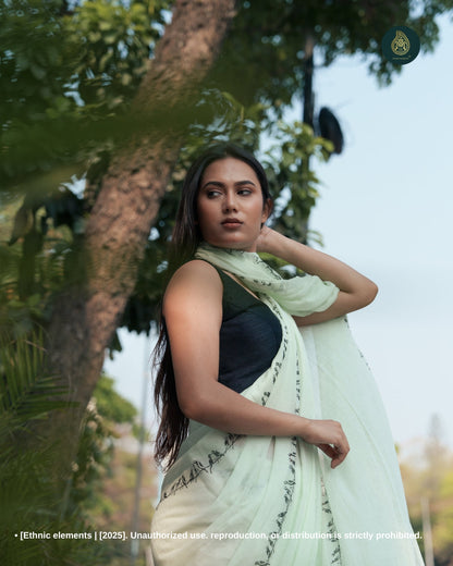 Hand Block Printed Mul Cotton Saree - Mint Chidiya