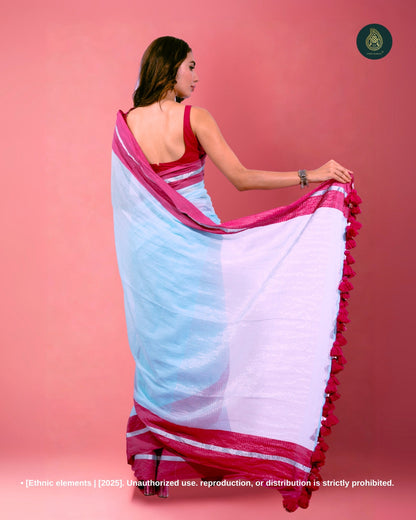 Mul Cotton Saree with Contrast Border Zari Aura - Icy Breeze