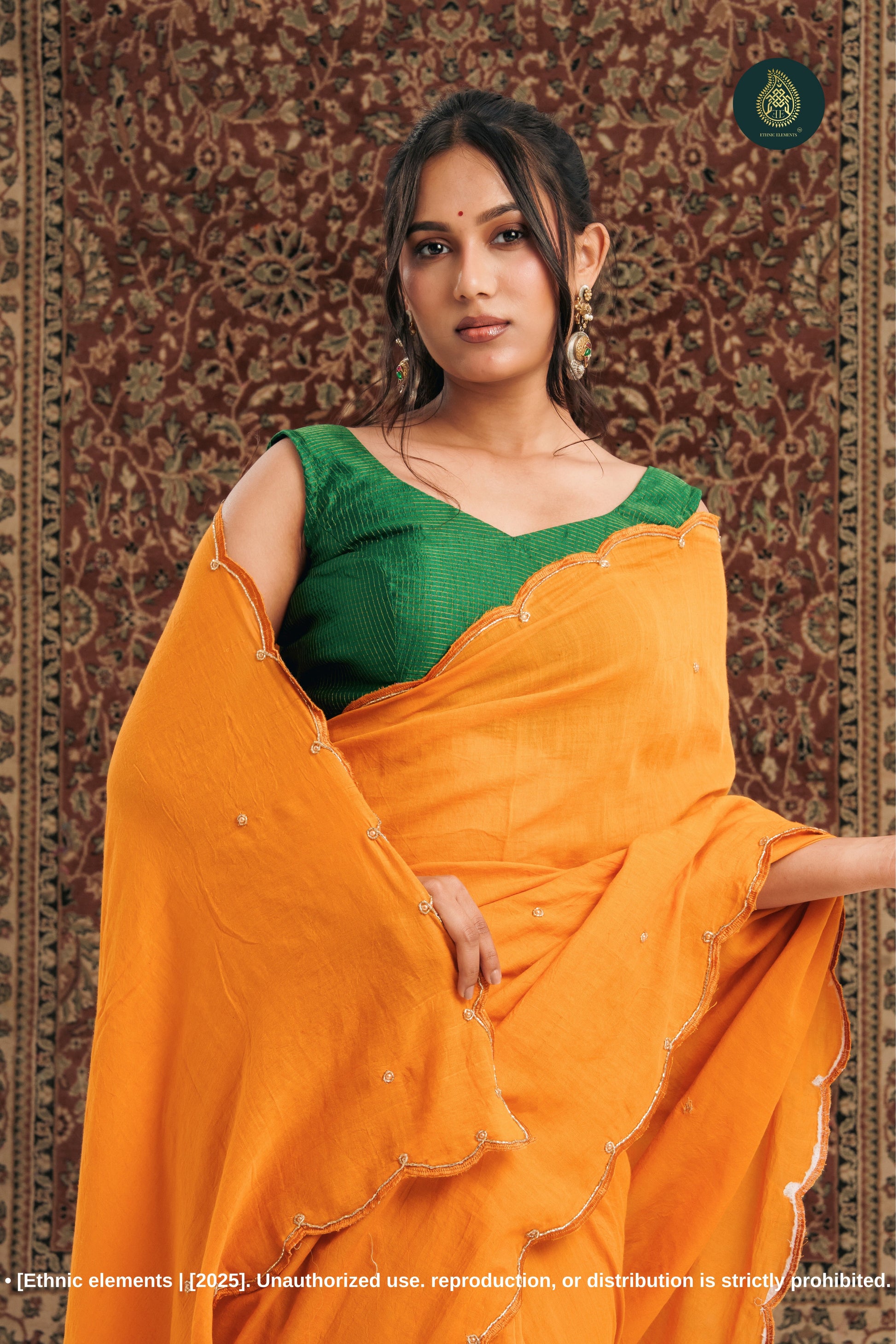 Handcrafted Zardozi & Cutdana Mul Cotton Saree - Marigold Yellow