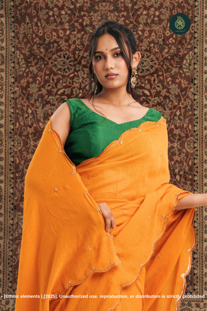 Handcrafted Zardozi & Cutdana Mul Cotton Saree - Marigold Yellow