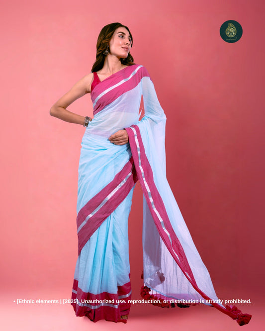 Mul Cotton Saree with Contrast Border Zari Aura - Icy Breeze