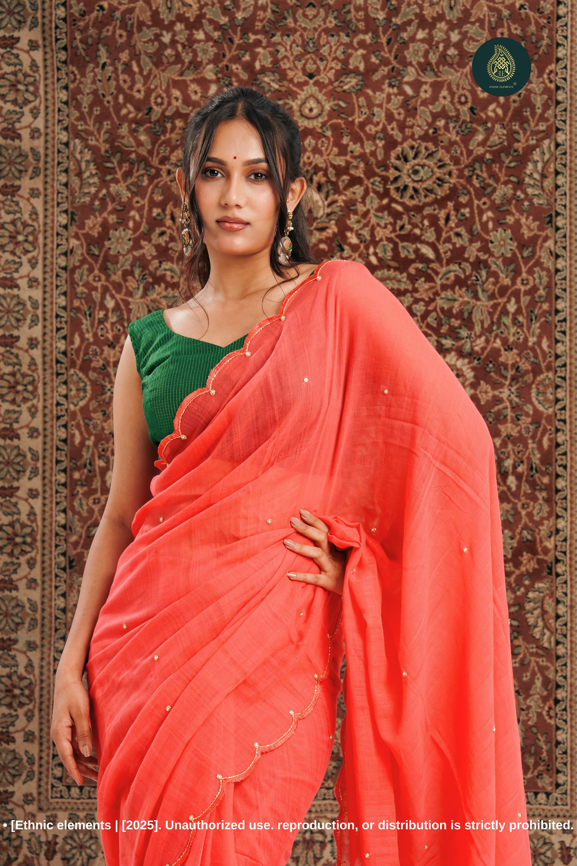 Handcrafted Zardozi & Cutdana Mul Cotton Saree - Rouge Red