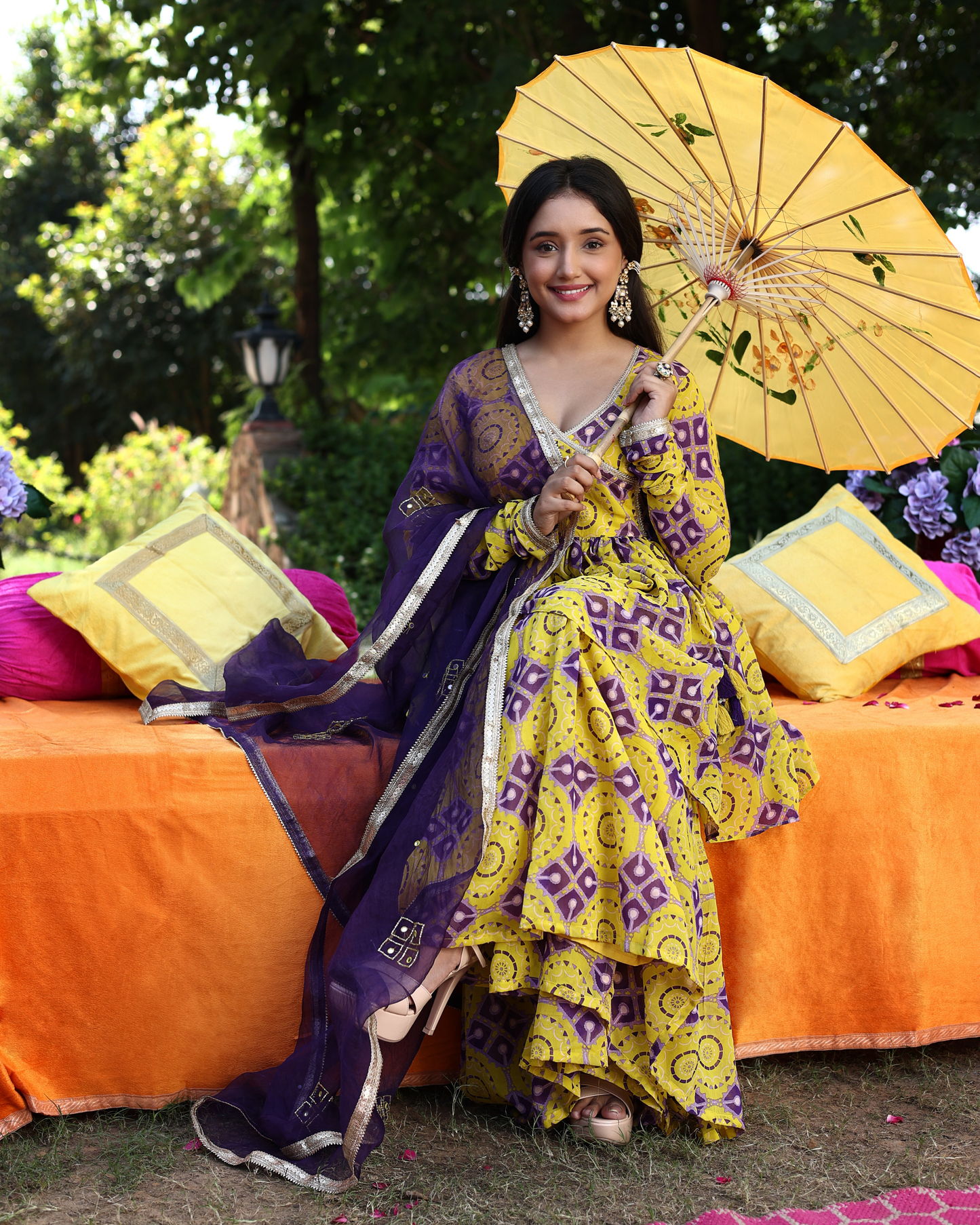 Whirling Shapes Yellow Purple Printed Georgette Sharara Set