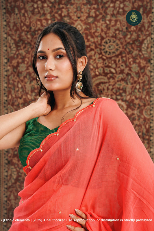 Handcrafted Zardozi & Cutdana Mul Cotton Saree - Rouge Red