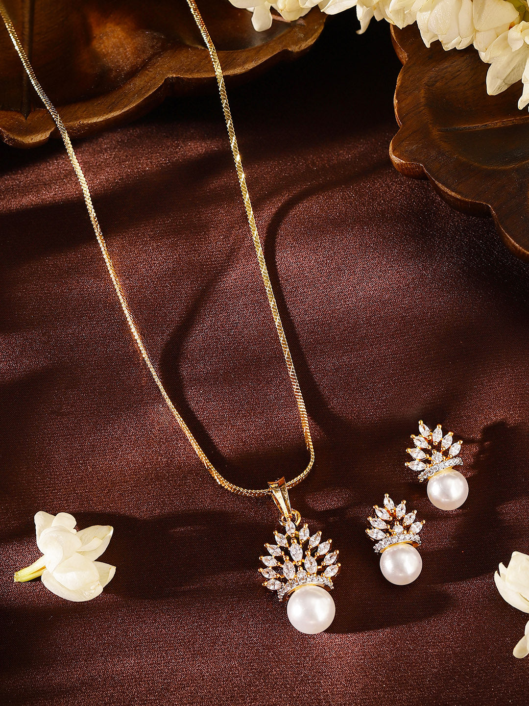 Floral American Diamond Gold Plated Pendant Pearl Drop Earrings Jewellery Set