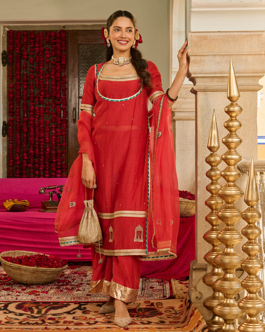 Rust Red Solid Chanderi Suit Set