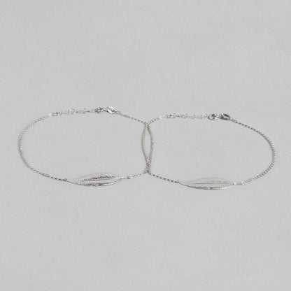 Leafy Rhodium Plated 925 Sterling Silver Link Chained Anklet