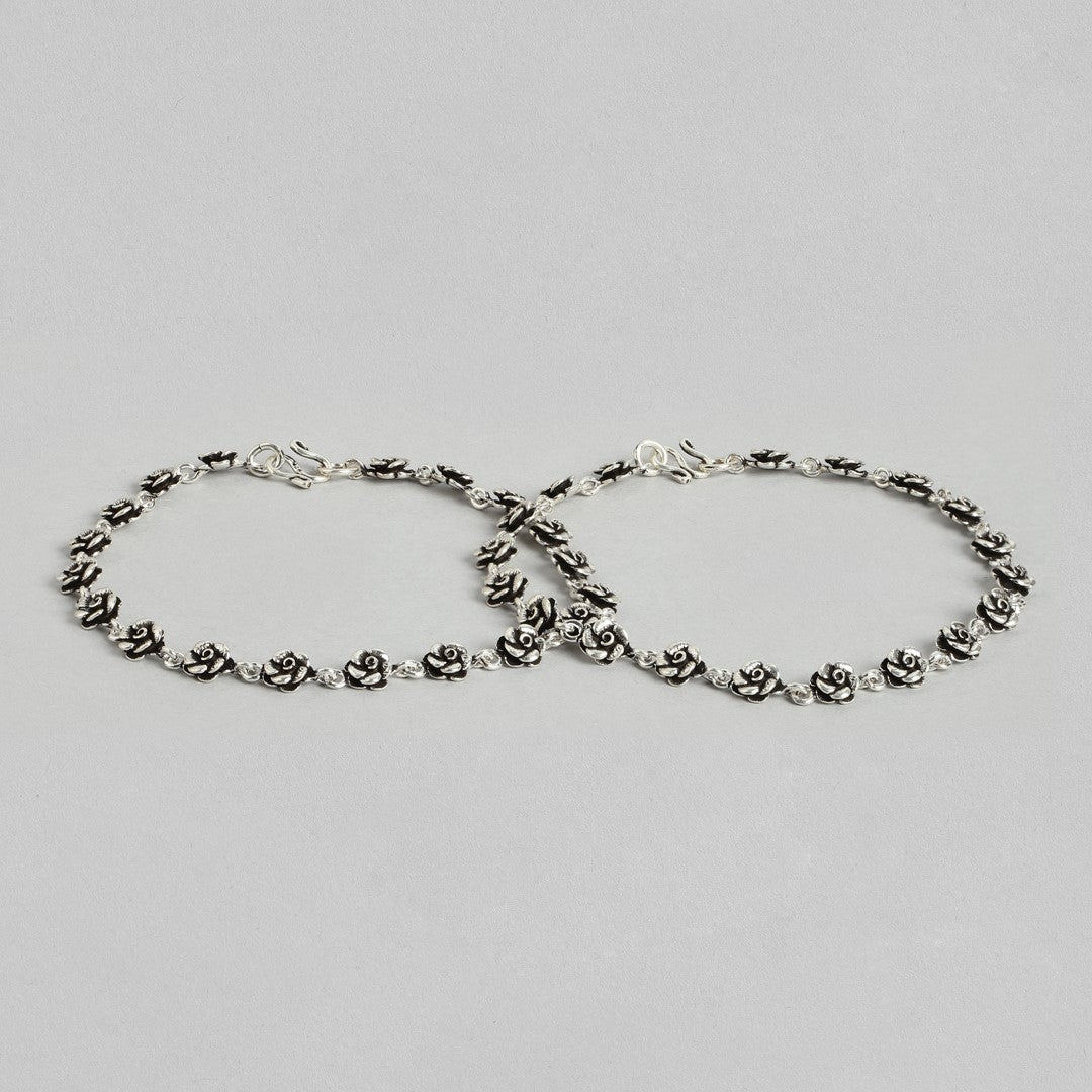 Two floral 925 Sterling Silver anklets for women featuring a rose chain design. Fine silver jewellery – Zavya