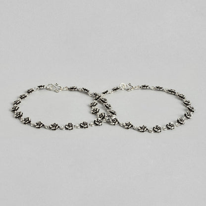 Two floral 925 Sterling Silver anklets for women featuring a rose chain design. Fine silver jewellery – Zavya