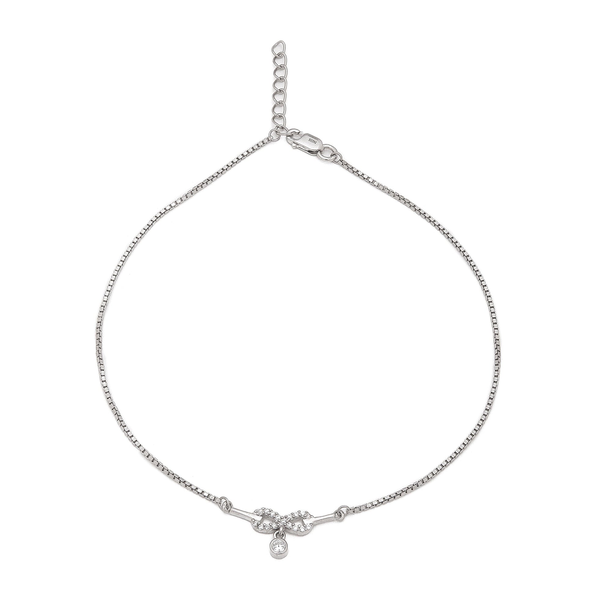 Elegant 925 Sterling Silver infinity anklet for women featuring sparkling crystals and a dangling stone – Zavya
