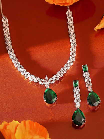 Drop Shaped Emerald American Diamond Silver Plated necklace and Drop Earrings Jewellery Set