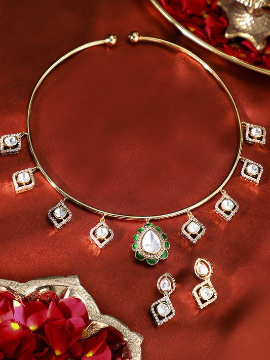 Floral Elegance Polki Style Gold Plated Choker Necklace Mini Drop Earrings Jewellery Set