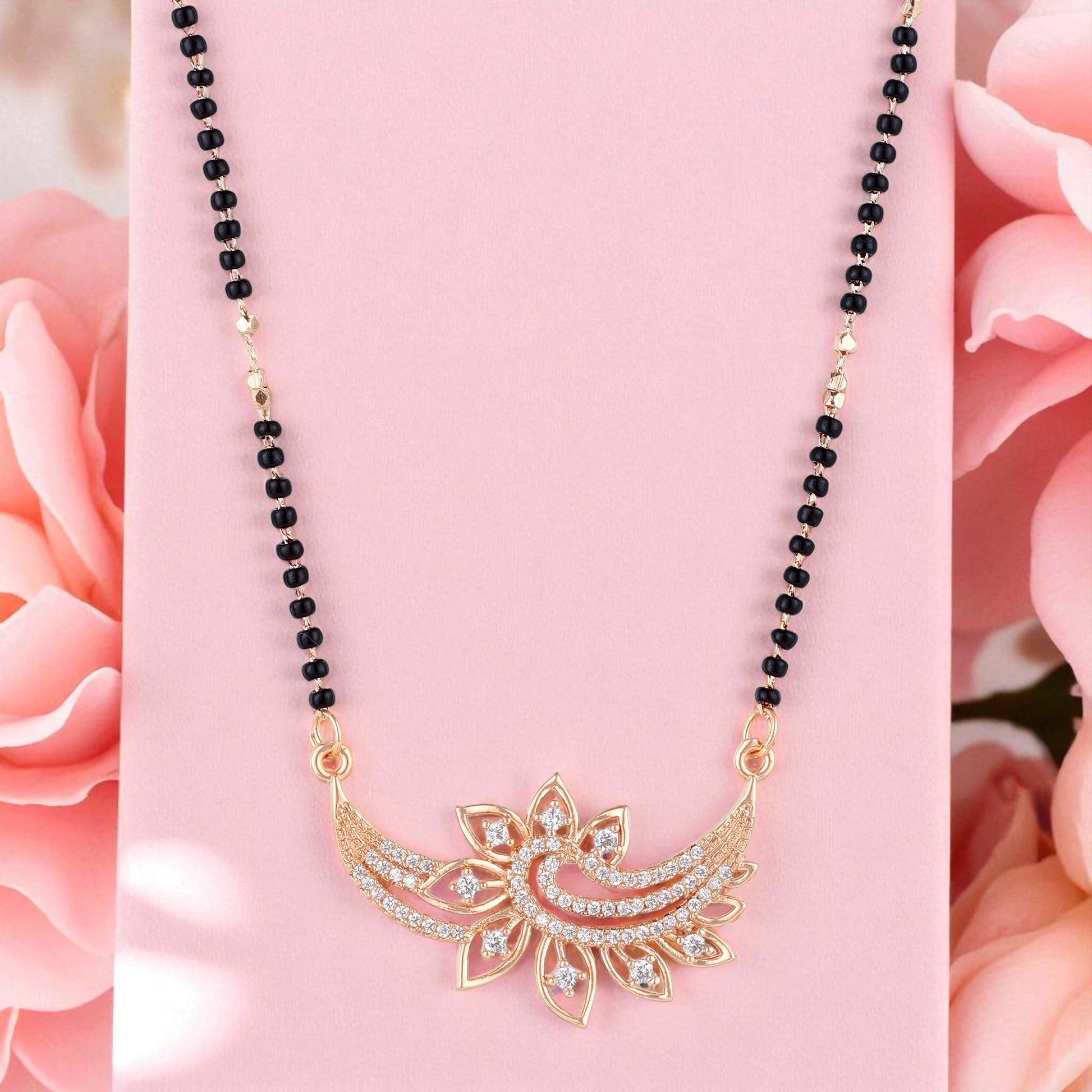 Rose Gold Plated Mangalsutra with Motif & Black Beads for Women