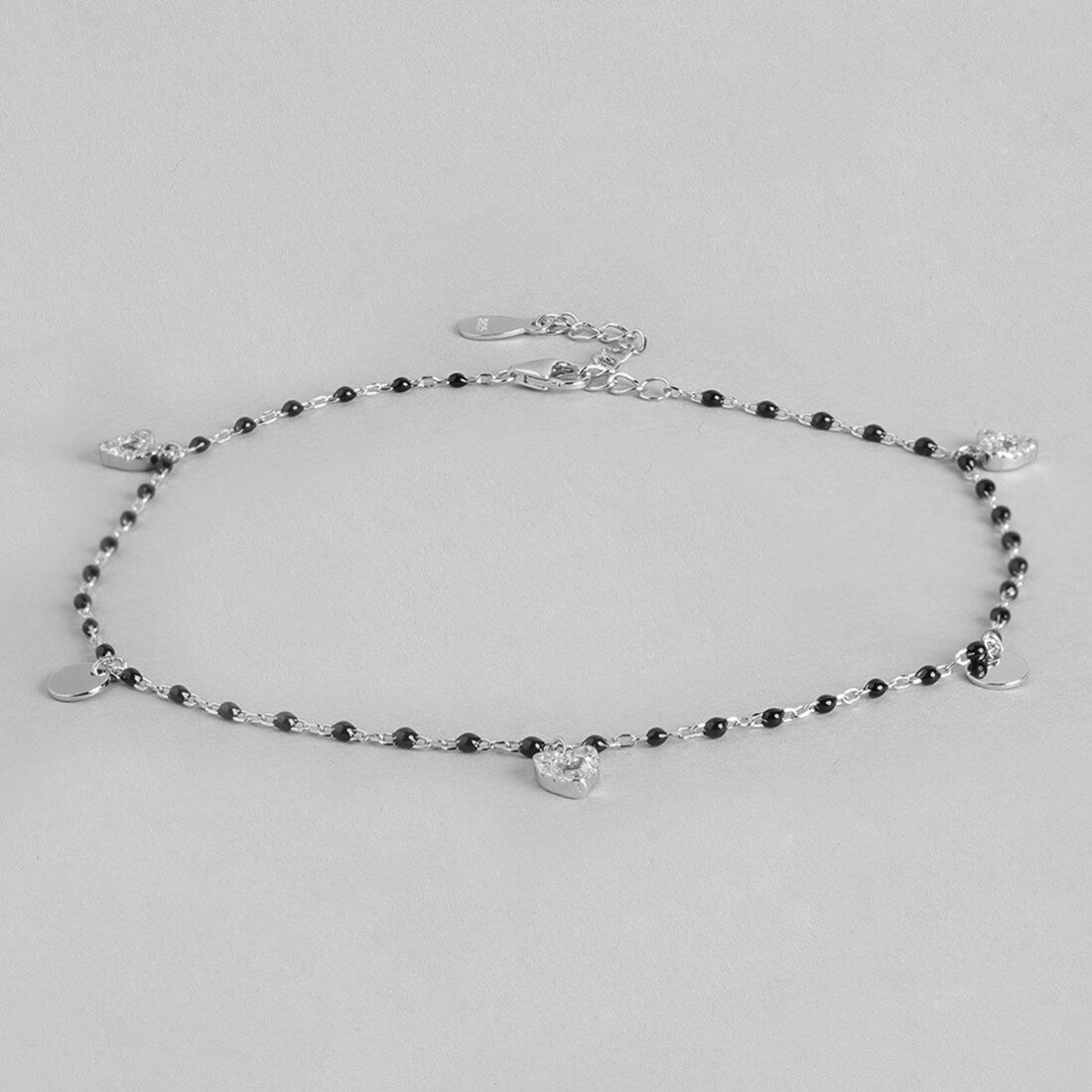 Black Beads with Heart Charms 925 Sterling Silver Anklet