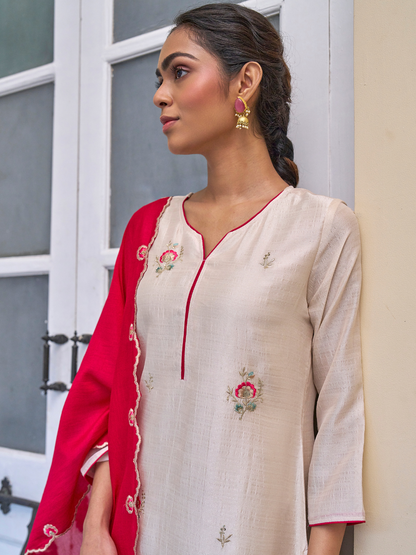 Cream Embroidered Chinon Kurta with Dupatta Set | silk kurta set for women​ | leftside view