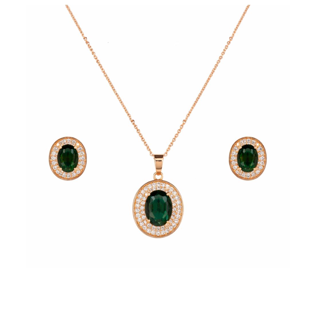 Rose Gold Green Oval Necklace Set for Women And Girls