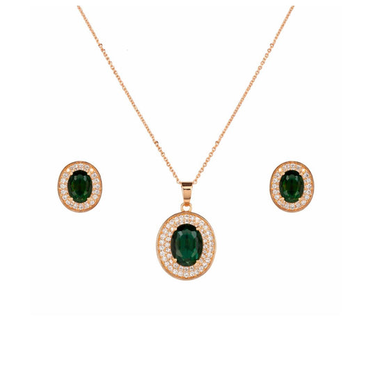 Rose Gold Green Oval Necklace Set for Women And Girls