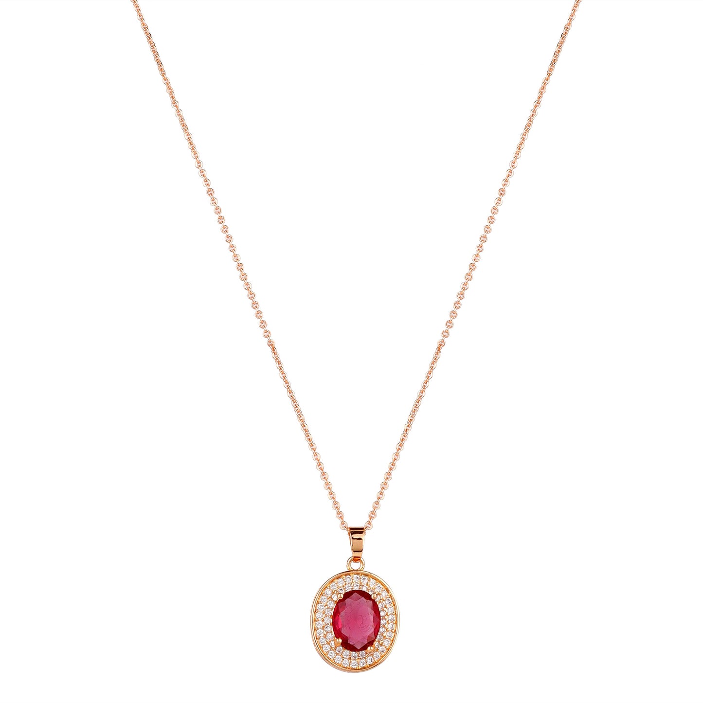 Rose Gold Plated Ruby Red Oval Pendant Necklace and Earring Set for Women and Girls