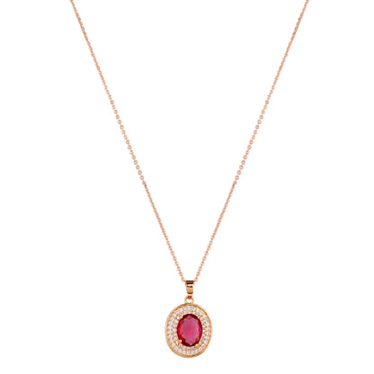 Rose Gold Plated Ruby Red Oval Pendant Necklace and Earring Set for Women and Girls
