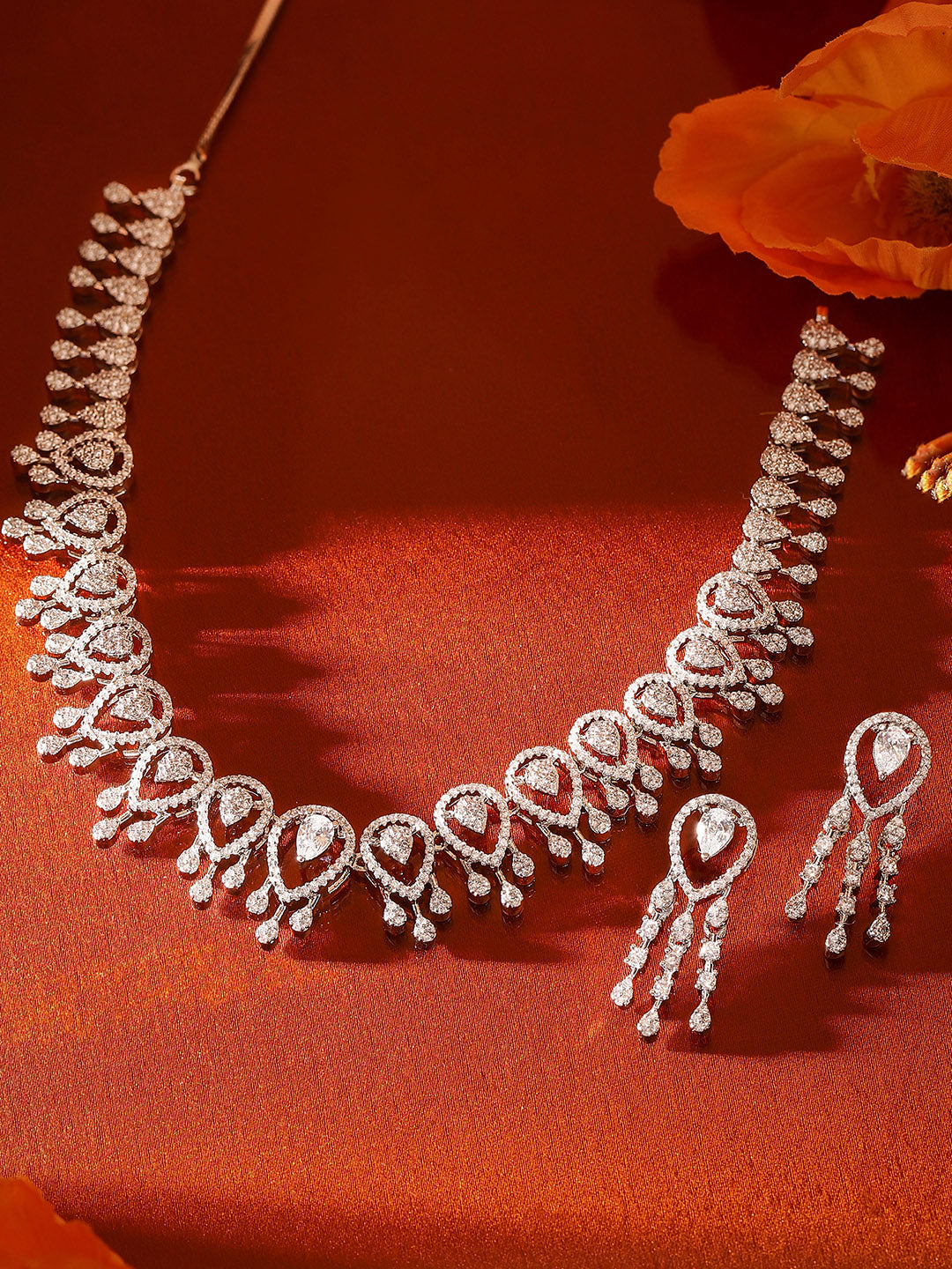 Statement Elegance Silver Plated Fancy Necklace and Drop Earrings Jewellery Set