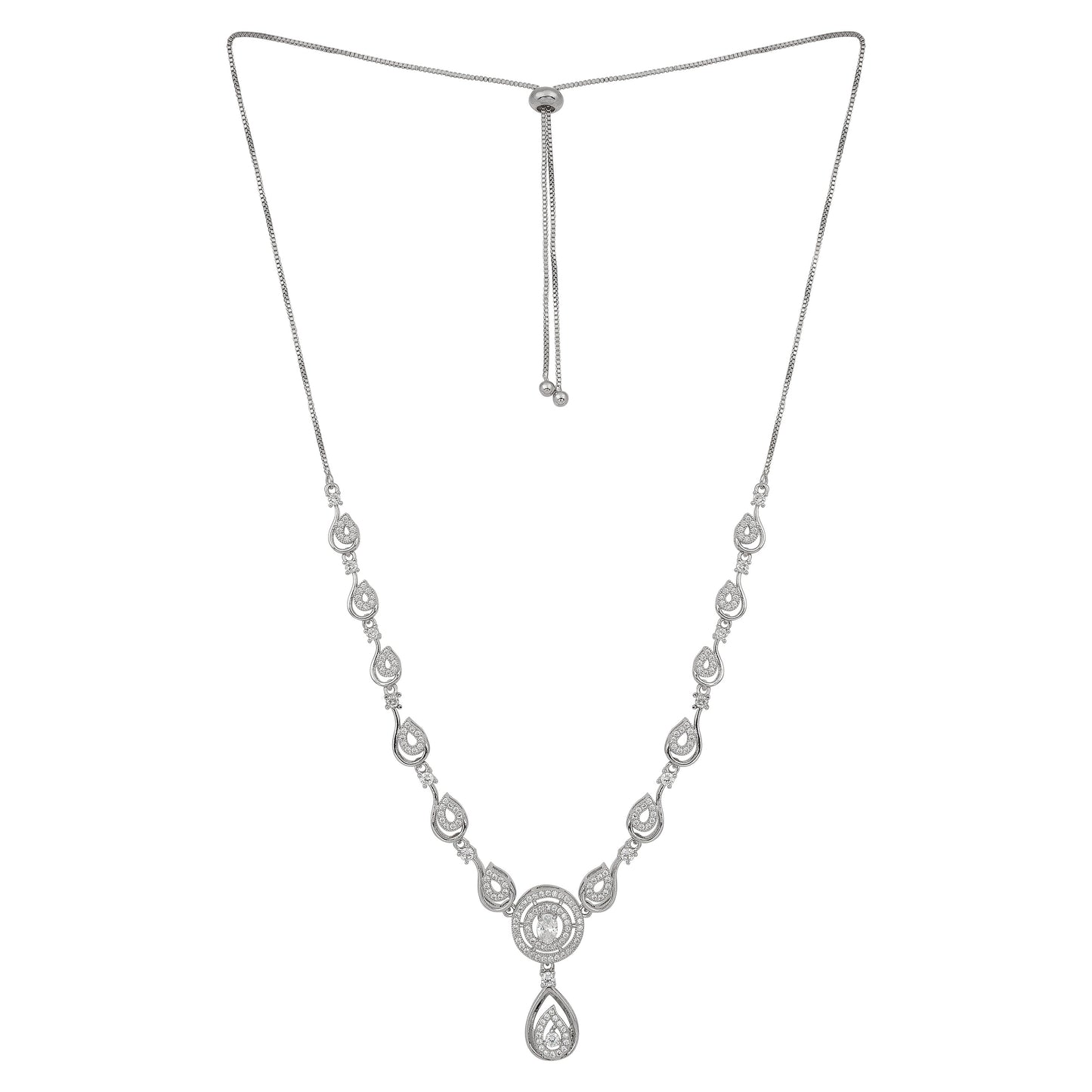 Stylish Silver Plated American Diamond Chain Pendent Necklace & Earrings Set for Women & Girls, Luxury AD Pendant Gift Set for Women, Girls