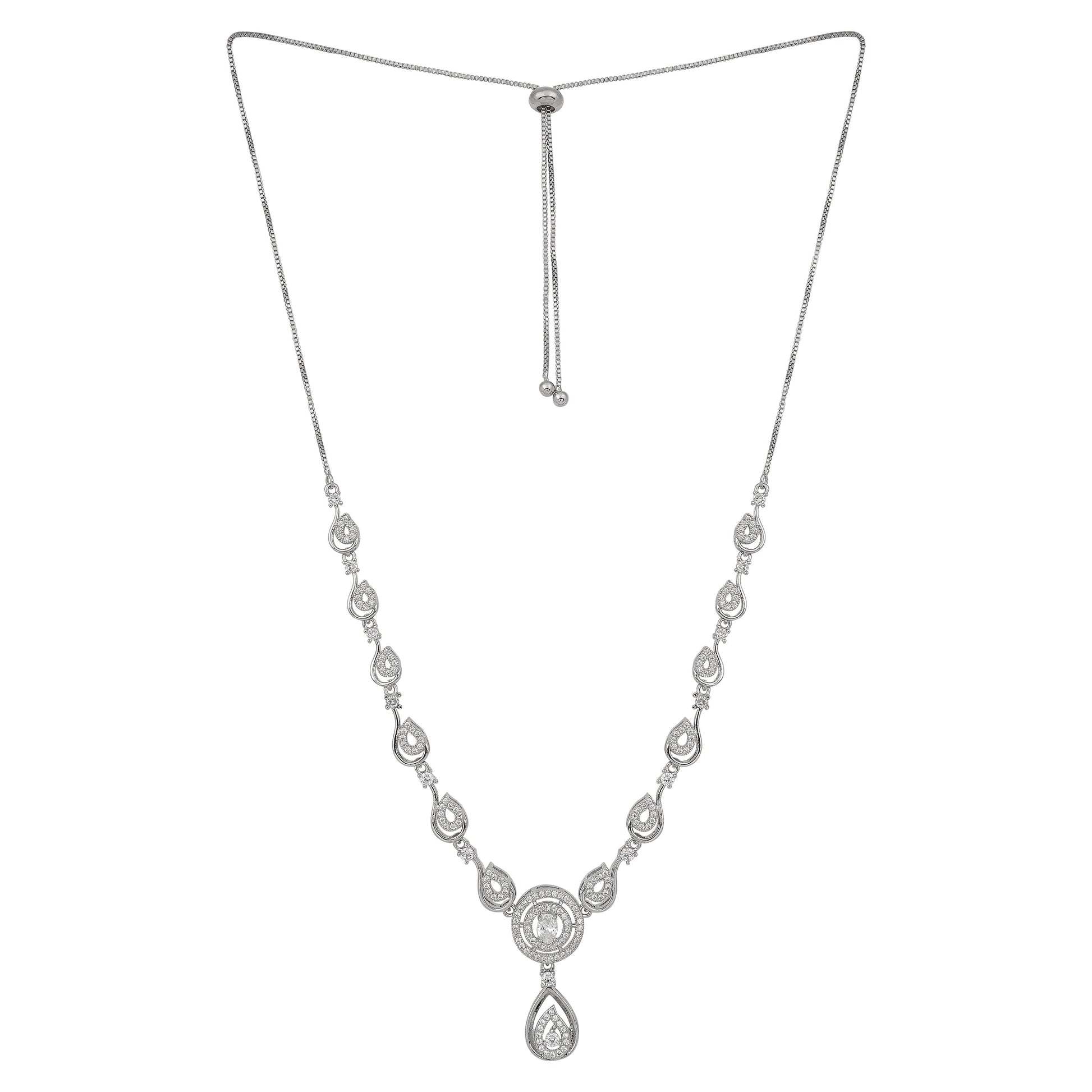 Stylish Silver Plated American Diamond Chain Pendent Necklace & Earrings Set for Women & Girls, Luxury AD Pendant Gift Set for Women, Girls