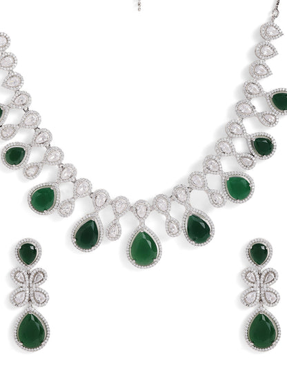 Drop Shaped Emerald American Diamond Necklace Silver Plated Drop Earrings Jewellery Set